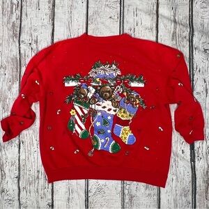 Vintage 80s Holiday Time Bear Stocking Xmas Ugly Sweater Party Sweatshirt